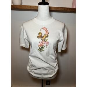 Vintage 90s Y2K Glitter Butterfly Flowers Nature Jerzees Shirt Size Small Pink